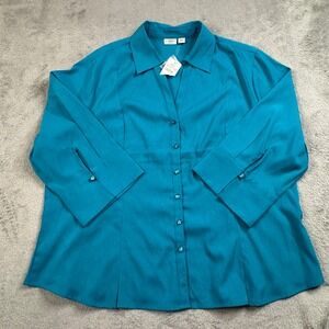 NWT Cato Woman Teal Blue Button Down Shirt Plus Size 22/24W 3/4 Sleeve Top